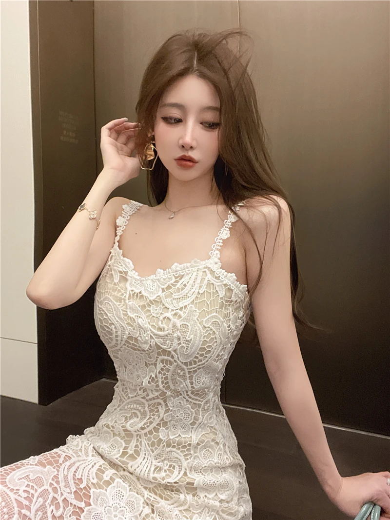 เดรสลูกไม้เว้าลายฉลุ ความยาวปานกลาง ทรงเข้ารูป สไตล์เกาหลี แฟชั่นฤดูร้อน ใหม่ล่าสุดสำหรับผู้หญิง