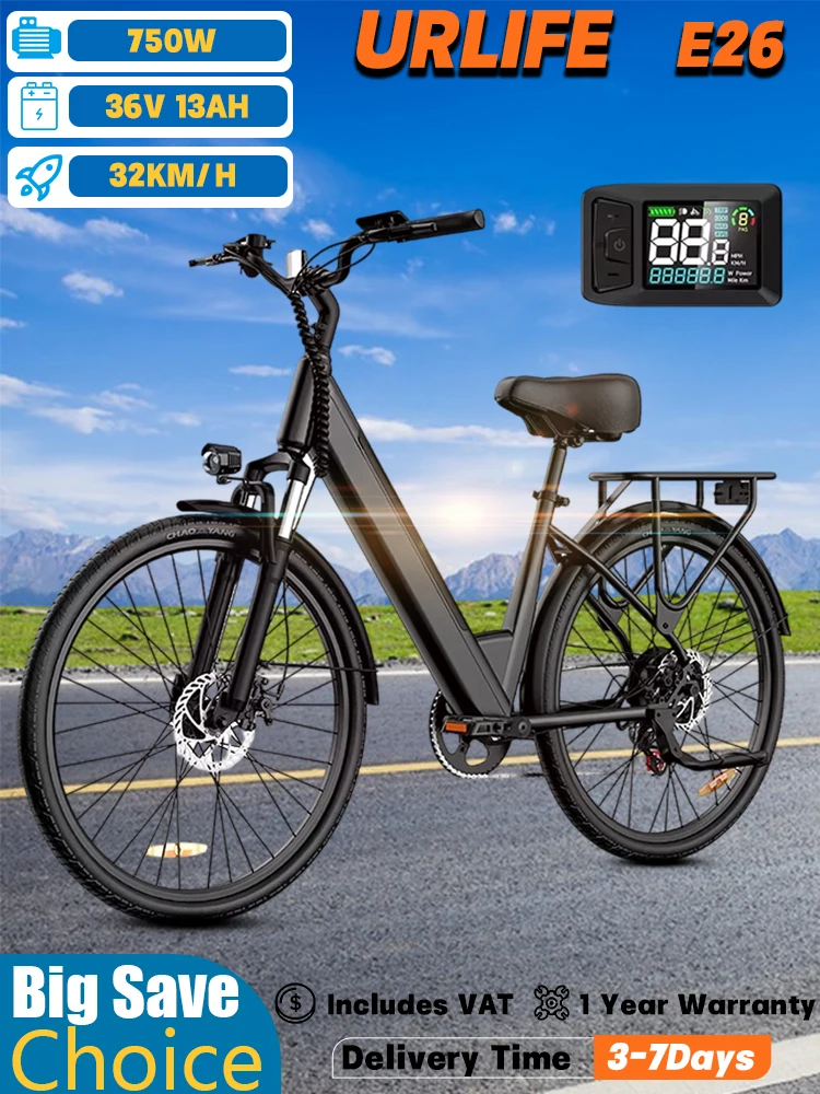 AliExpress NONE Urlife E26 Urban Commuting E-bike 750W Peak Motor 36V 13Ah Battery LCD Meter display Electric Bicycle 26Inch Tire Electric Bike