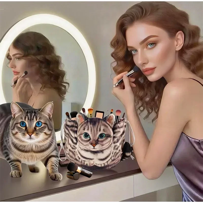 Kosmetik-Aufbewahrungstasche in Katzenform, niedliche Make-up-/Hautpflege-Organizer-Tasche in Reisegröße mit Kordelzugverschluss, Geschenktasche für Katzenliebhaber – Detail 15