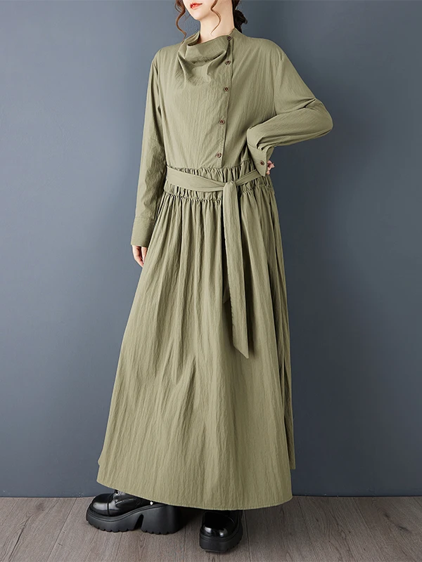 Ele تصميم فضفاض ربيع الخريف جديد Sle f ذوي الياقات العالية مطوي لصق منتصف طول التخسيس Dr Cotton irt Dr