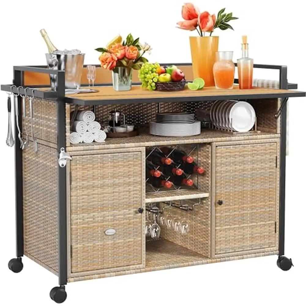 

Outdoor Wicker Rolling Bar Cart Storage Cabinet with Expanded Table Top Double Wine Glass Rack Bottle Opener Towel Hooks 360°