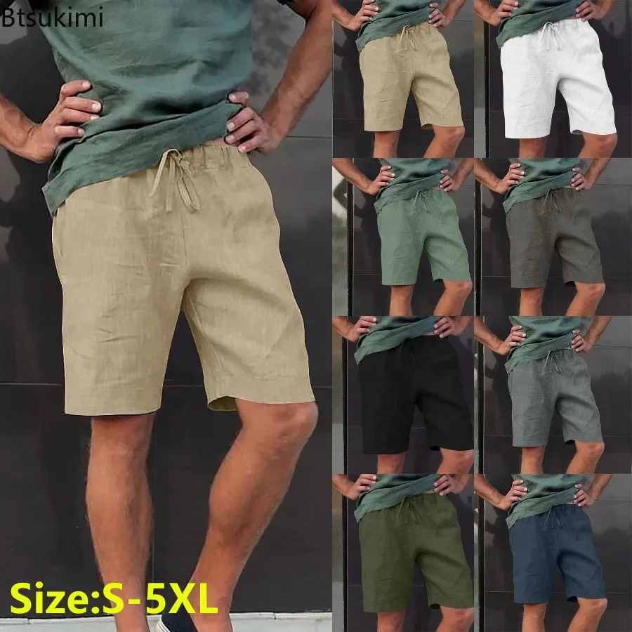 

New Men's Cotton Linen Casual Shorts Solid Color Loose Elastic Waist Drawstring Short Sport Pants Male Pocket Beach Shorts S-5XL