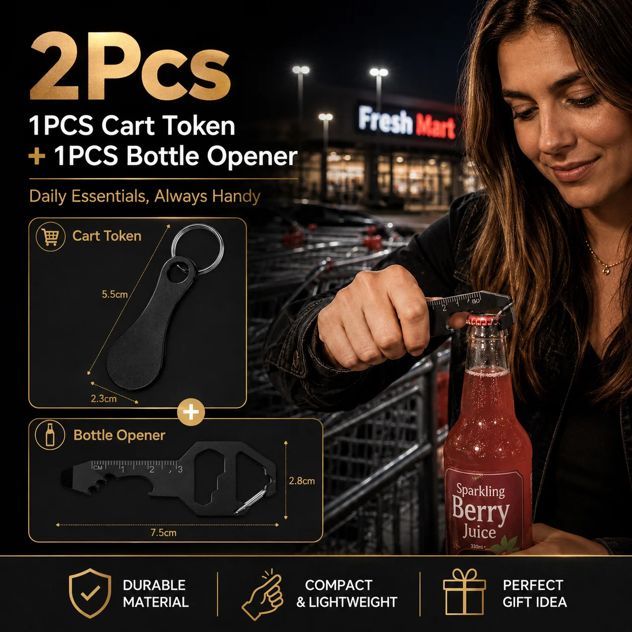 2PCS Keychain Set Shopping Cart Token Bottle Opener Multi Tool Stainless Steel EDC Gift Travel Camping