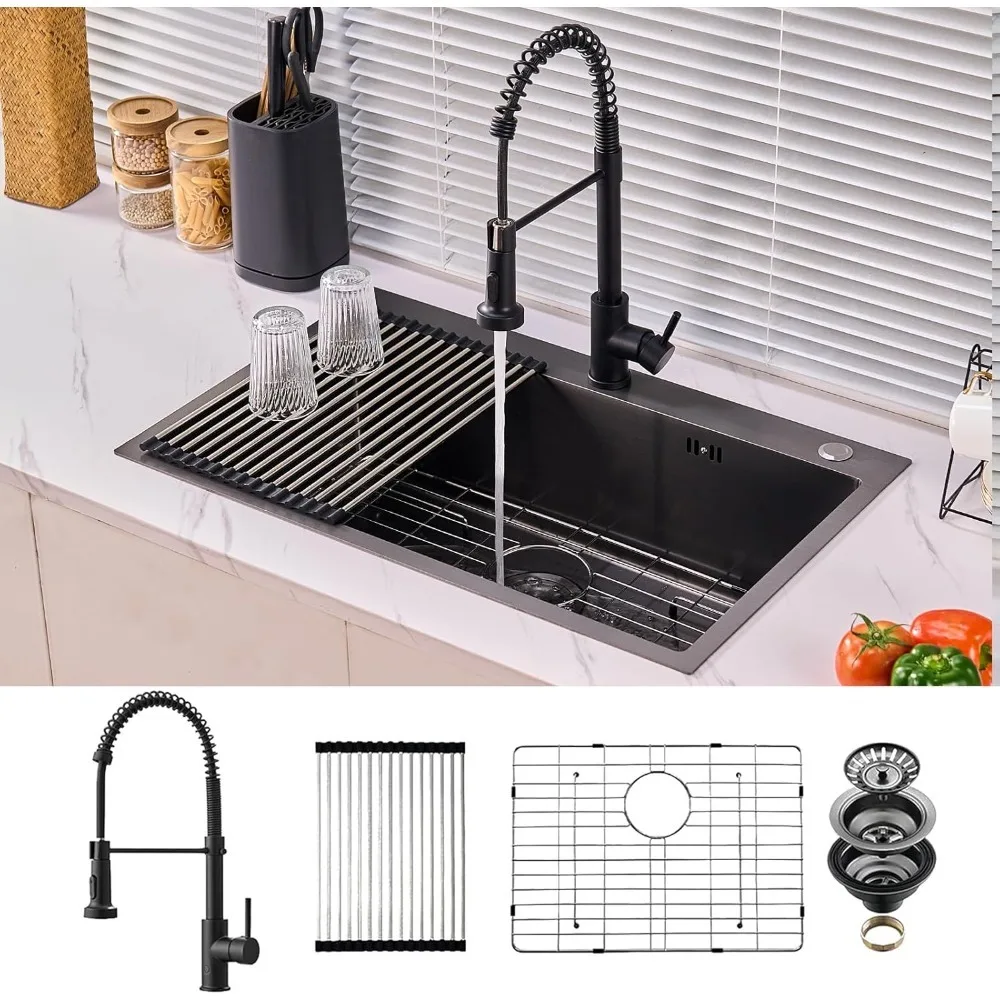 

Kitchen Sink And Faucet, 30 Inch Drop In Black Kitchen Sinks Single Bowl,9" Deep Handmade Overmount Kitchen Sink