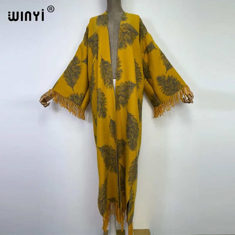 2022 New WINYI Winter Women Tassel Feather Print Long Coat Loose Lapel Robe femme Thick Warm free size Middle East Female KIMONO