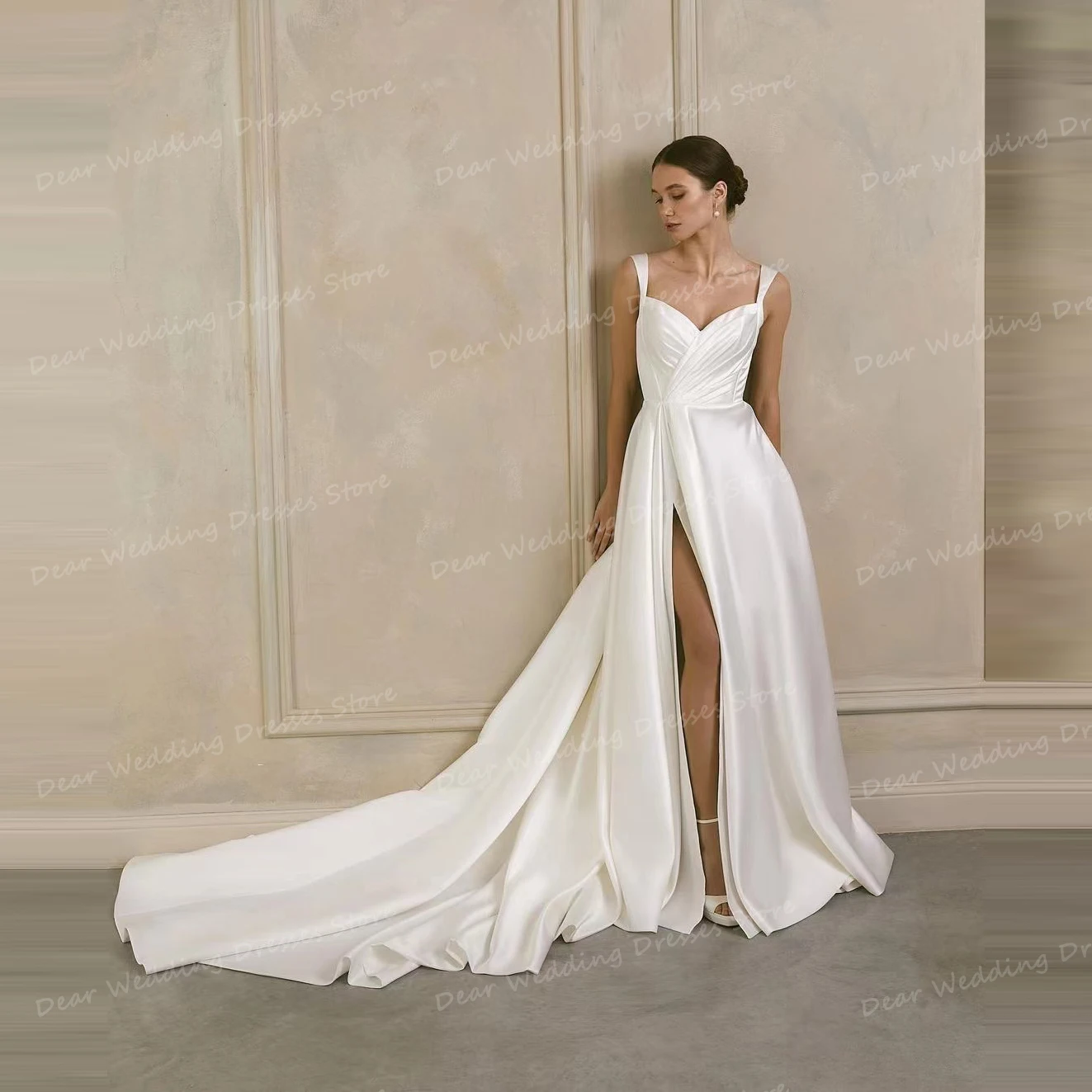 Robe de mariée dos nu en fibre de satin pour femmes, robes formelles, ligne A, col en V, fente haute, patients, luxe, élégant