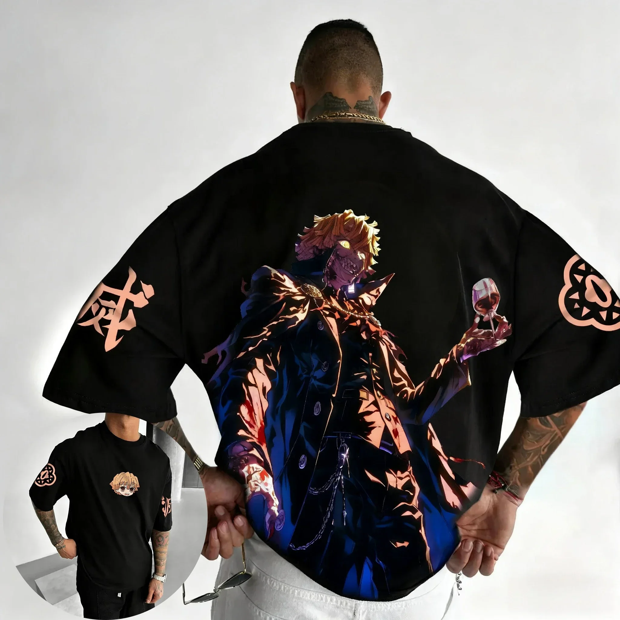 鬼滅の刃アニメハロウィン Tシャツメンズ夏我妻善逸新原宿多用途カジュアルルーズ親子トップ