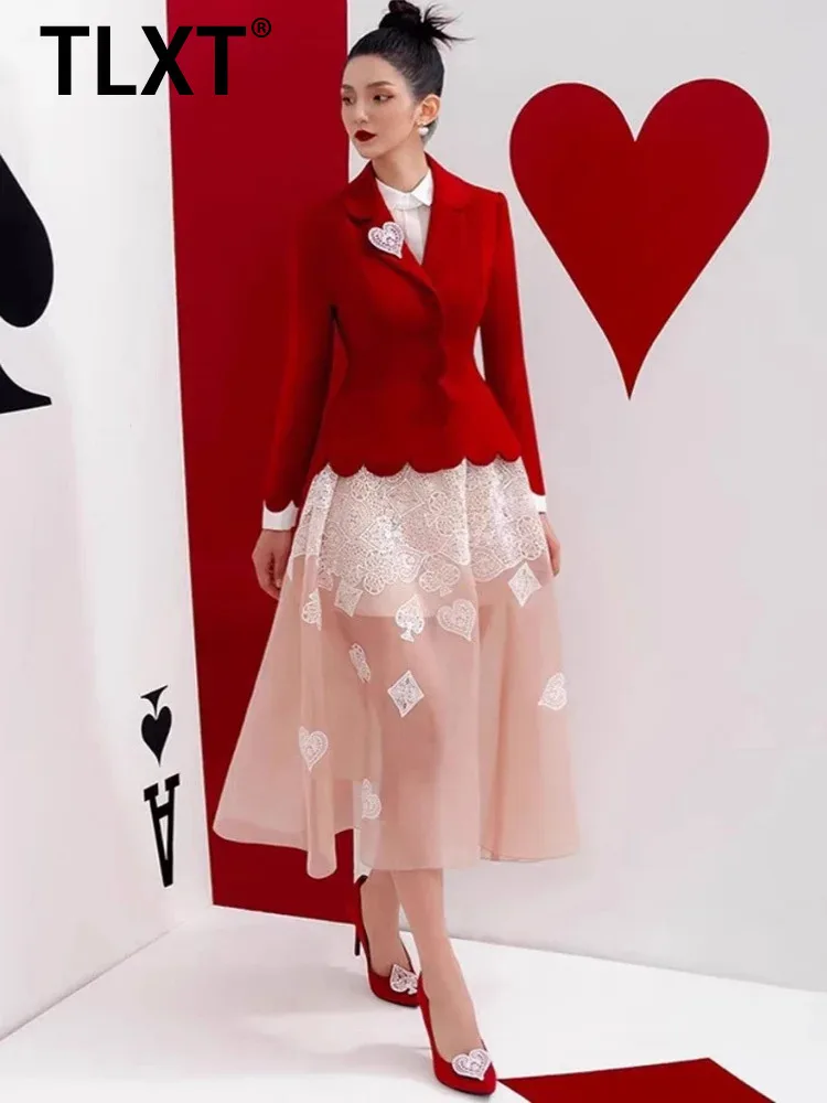 

TLXT Fashion Women's Elegant Lapel Wavy Edge Long Sleeve Single Button Coat Embroidery Gauze Belt Dress Clothing 2026 Spring New