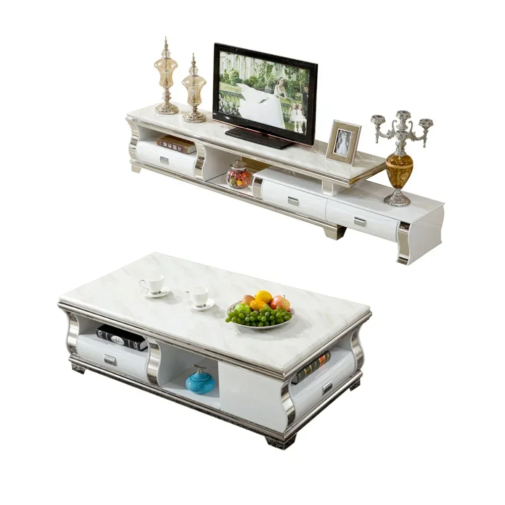 

Стильный комплект мебели для гостиной с мраморной складной подставкой для телевизора из нержавеющей стали и журнальным столиком Экономный столик для телевизора