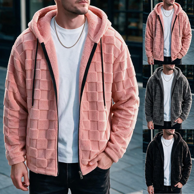 B&C Fluffy Fleece Hooded Jacket with Checkered Pattern and Pockets Warm Outerwear for Men Winter Daily