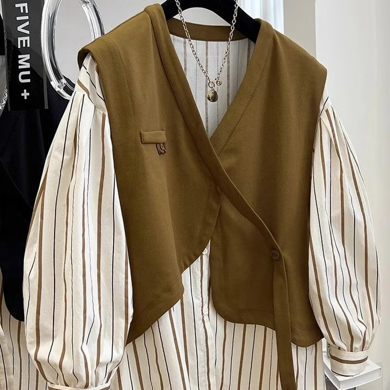 

Spring Autumn New Fake Two Pieces Shirt Women V-neck Long Sleeve Fashion Button Patchwork Cardigan Striped All-match Y2K Tops