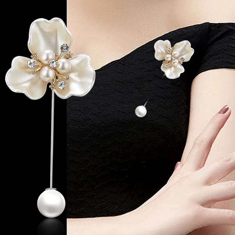 Imitation Pearl Shell Camellia Flower Brooch For Women White Floral Petal Bouquet Long Needle Shirt Collar Lapel Pin Gift