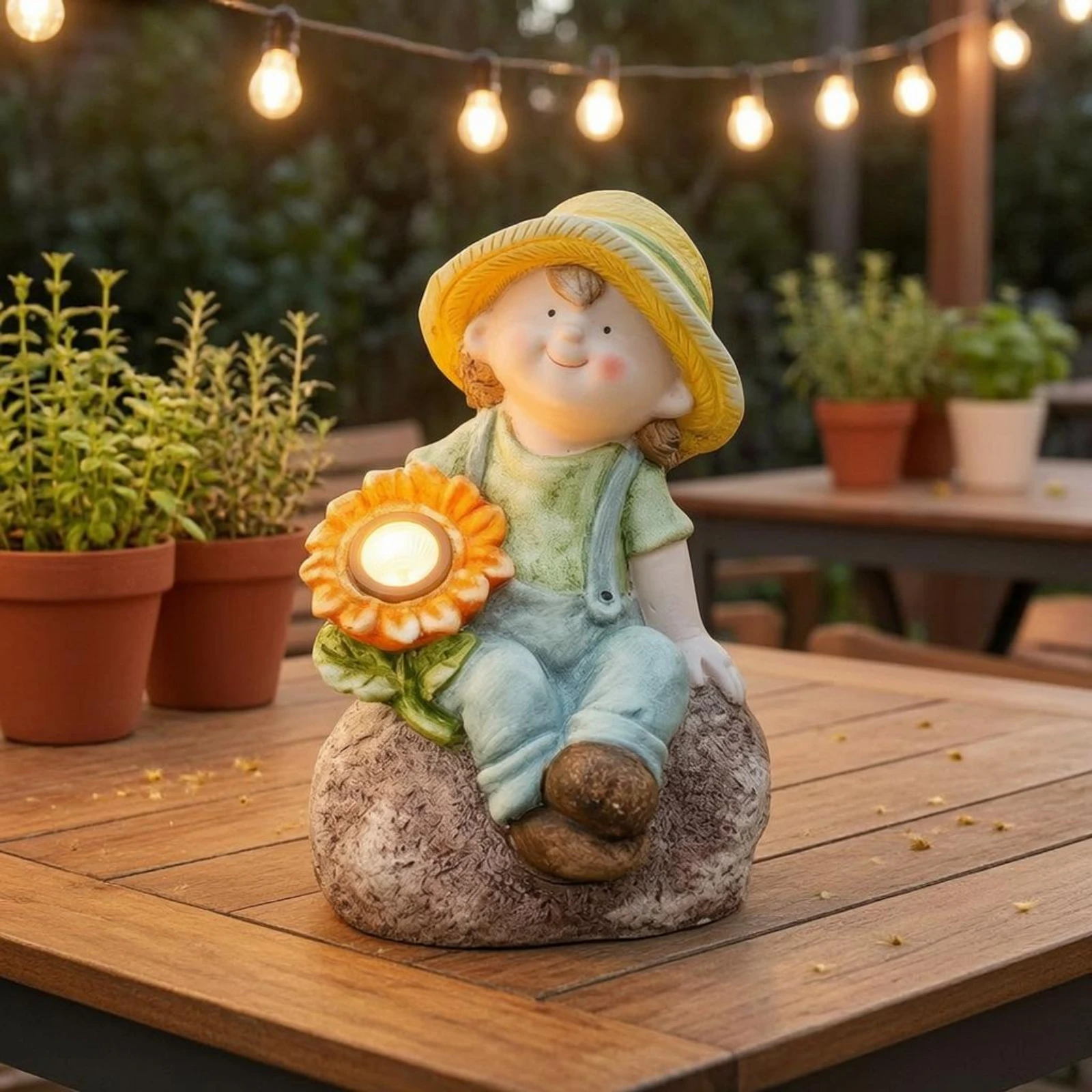 Solar Girl Figurine Automatic Night Light Solar Garden Ornament Cartoon Child Figurine Outdoor Waterproof for Yard