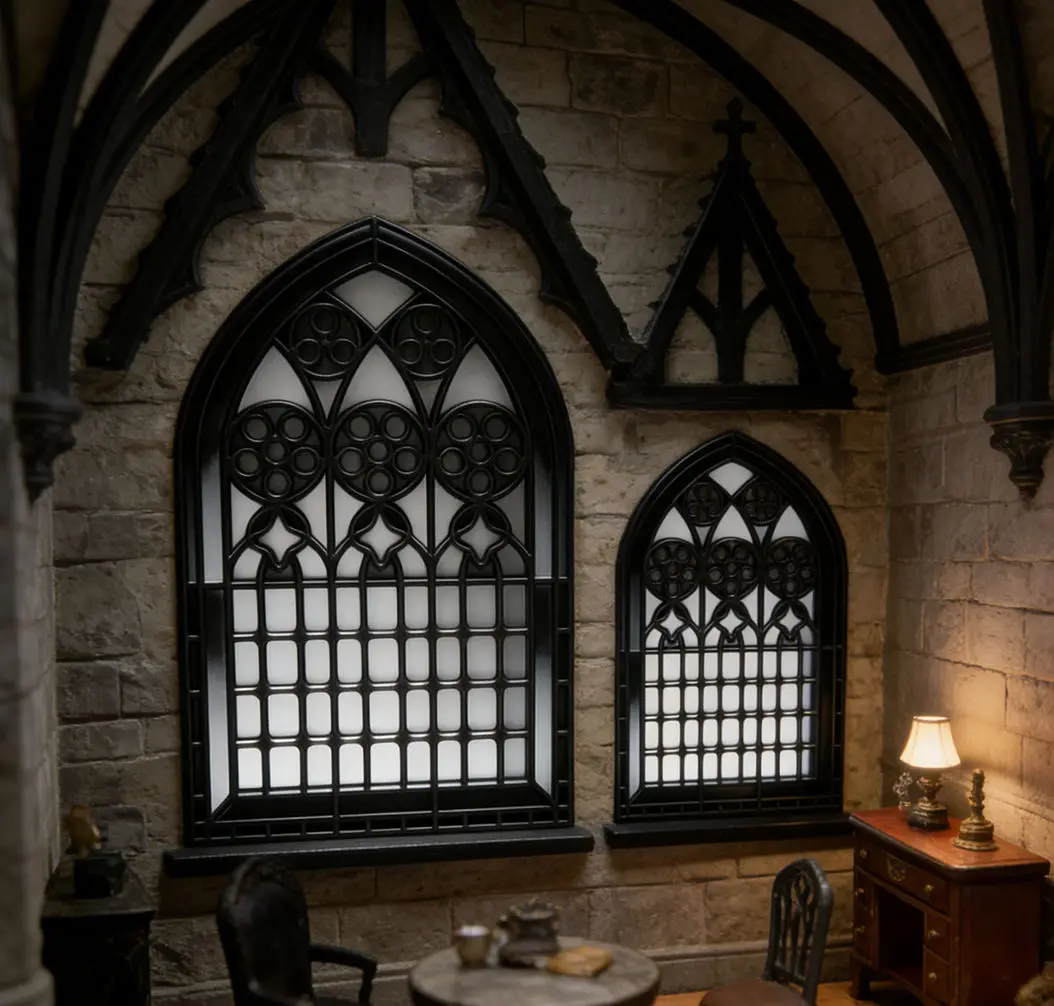 

Gothic Miniature Arched Window Frame, 1/12 Scale Dollhouse Accessory, Dark Aesthetic Backdrop for Spooky Diorama & Photography