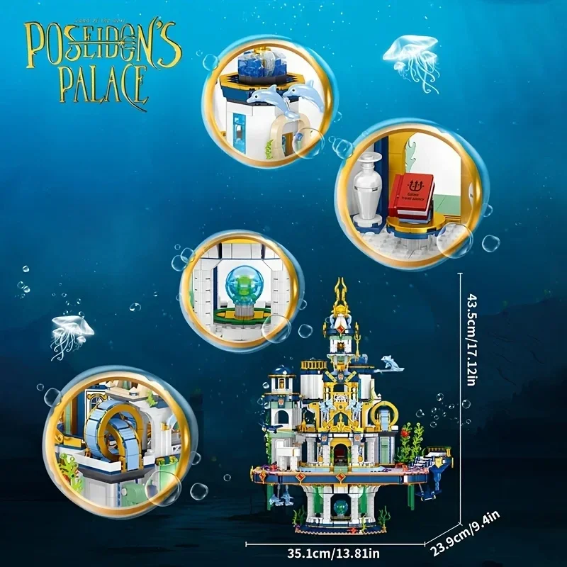 4133PCS Poseidon Palace Building Blocks Castello blu Modello Mattoni Decorazione desktop creativa Giocattoli fai da te Regali per i bambini