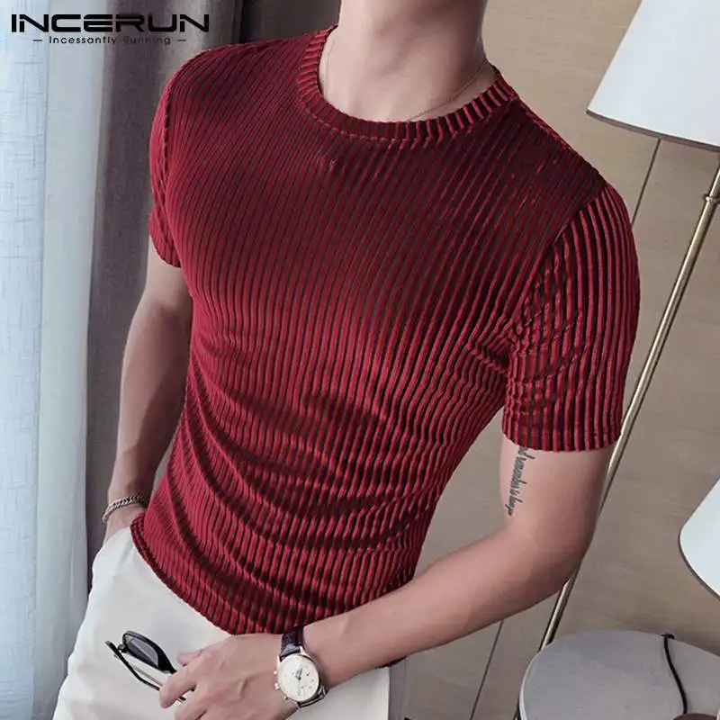 Fashion Casual Style Men\'s Camiseta  Party Shows Tees INCERUN Male Stylish Hot Sale Drawstring Round Neck Stretch T-shirts S-3XL