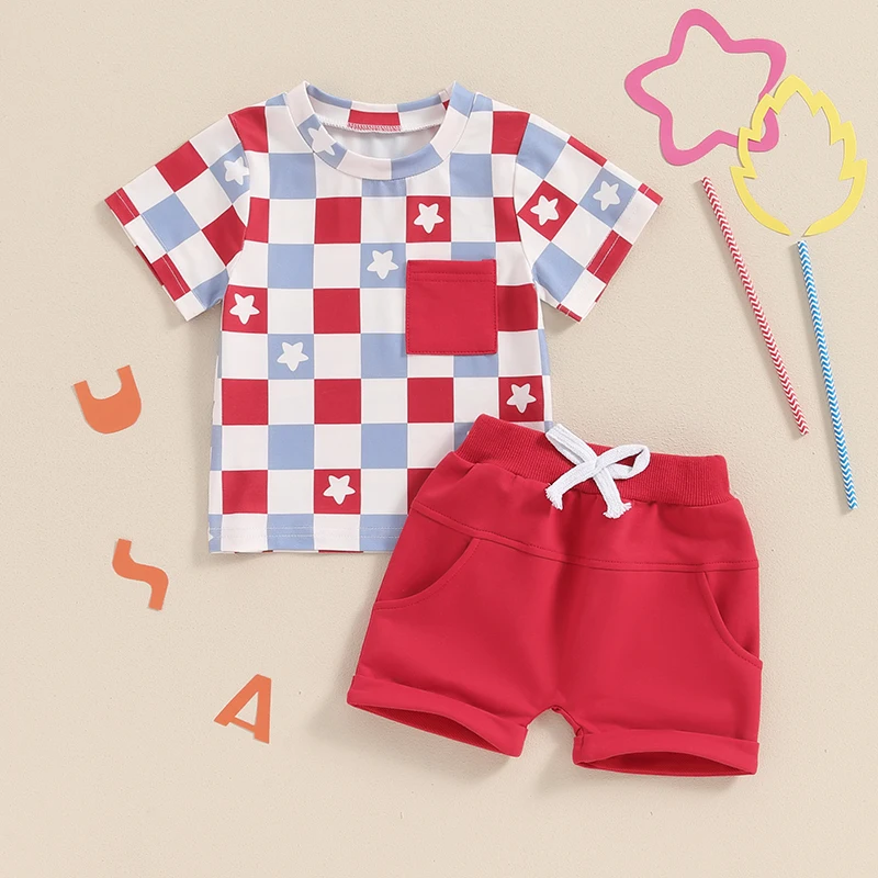 2024-04-03 lioraitiin Toddler Boys 4th of July Outfit Short Sleeve Letter Flag/Star Checkerboard Print Tops Drawstring Short Set