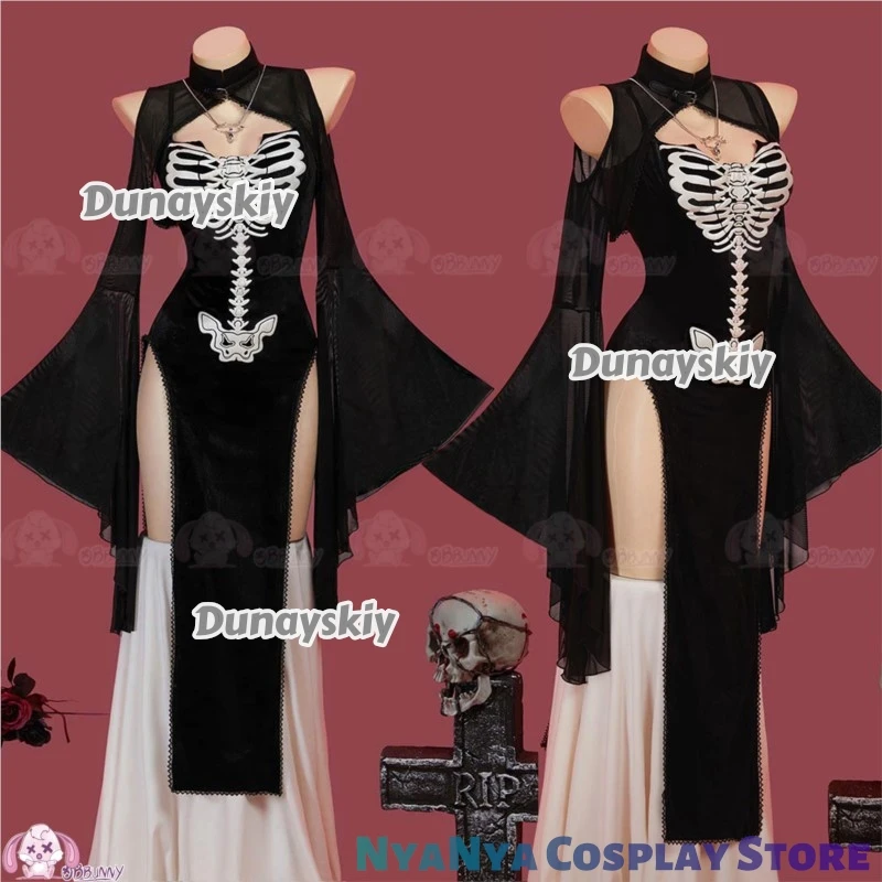 فستان هيكل عظمي فارس قوطي داكن فستان الهالوين التأثيري هالروويين كوسثماني فستان أسود بفتحة جمجمة وأكمام مضيئة وقلادة عباءة ‌