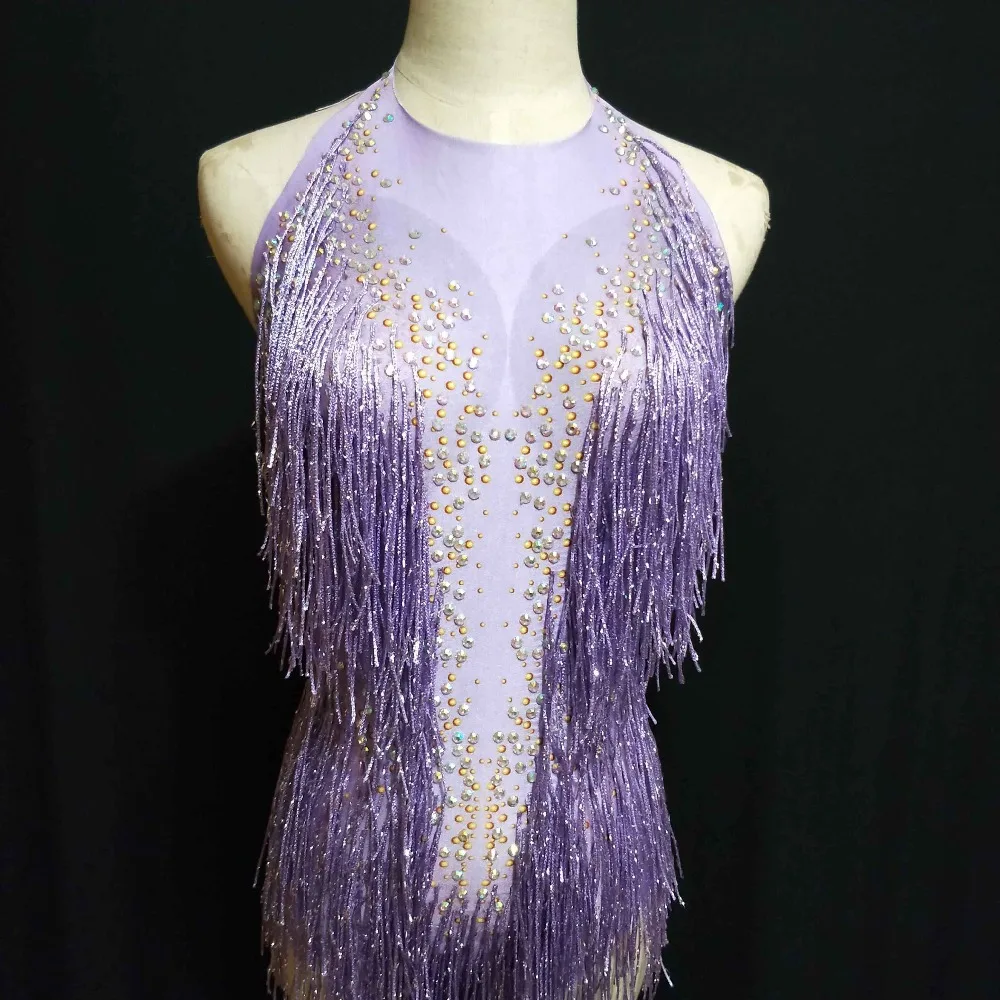 

Сияющие стразы, фиолетовый, красный боди с кисточками, женский костюм, сексуальные эластичные боди с открытой спиной, бар, DJ, певица, наряд для выступлений