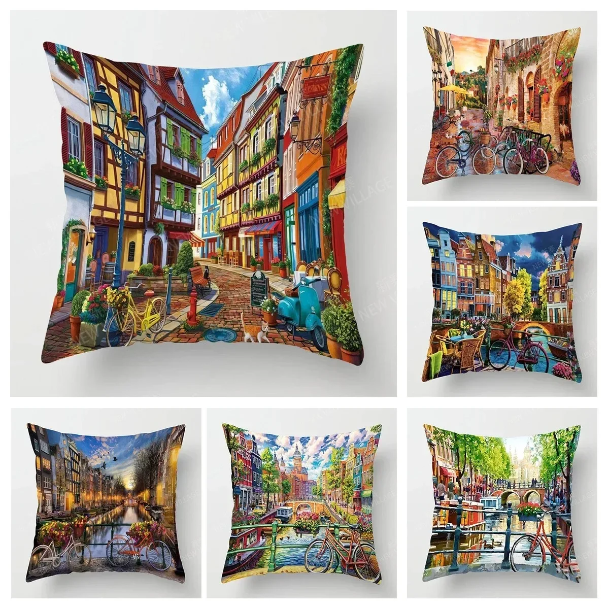 

"Artistic Cityscape Pillowcase, Soft Cotton - Vibrant European Street Design for Home Decor, Comfortable and Stylish, Ideal Gift