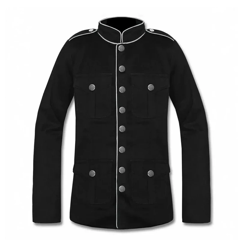S-5XL RETRO MEN’S MILITARY GOTH JACKET | BLACK OFFICER COAT WITH RED PIPING COAT