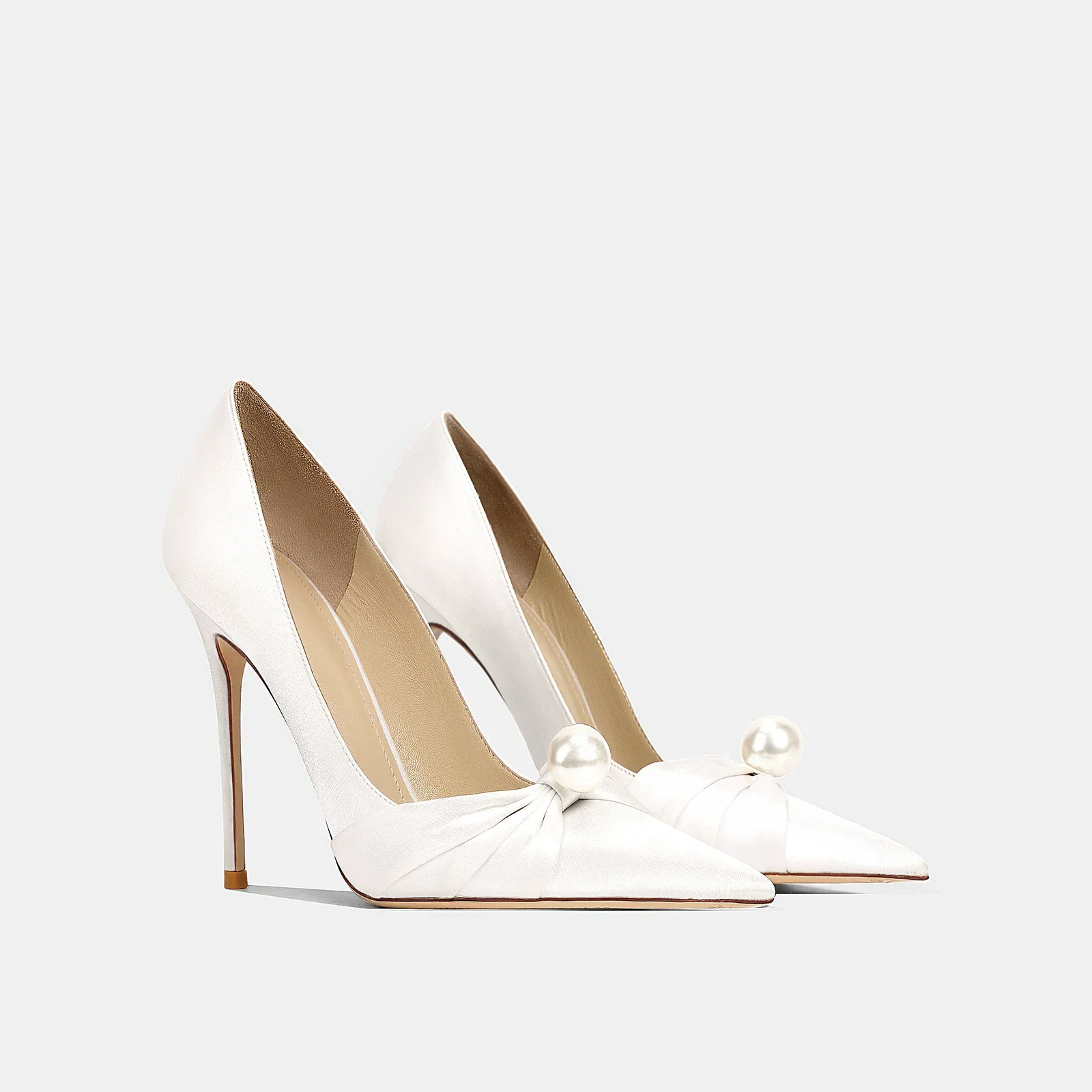 Spring new pointed leather silk pleated pearl wedding shoes banquet big size small size slim heel high-heeled women's shoes