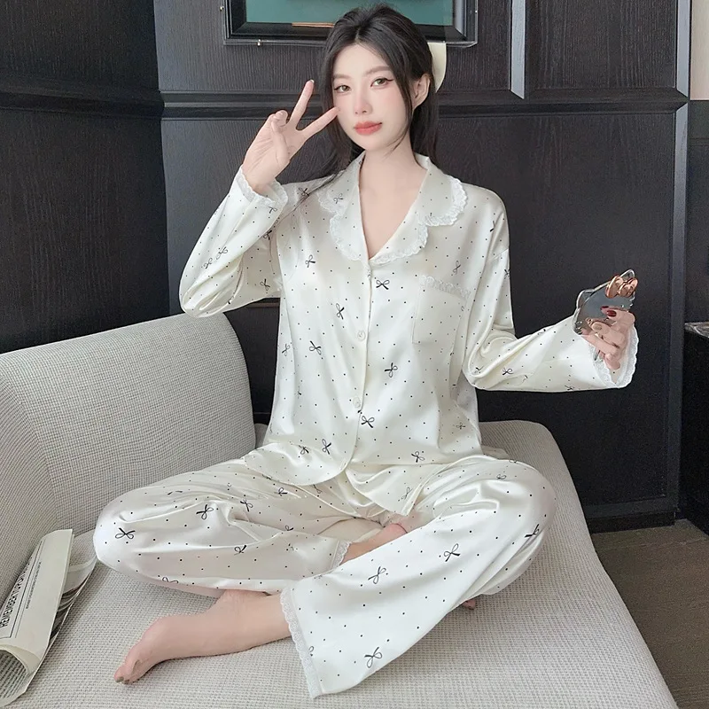 French-Inspired Chic, High-Fashion Instagram-Worthy Bow-Tie Polka Dot Silk-Blend Lace-Trim Long-Sleeved Trouser Pyjama Set