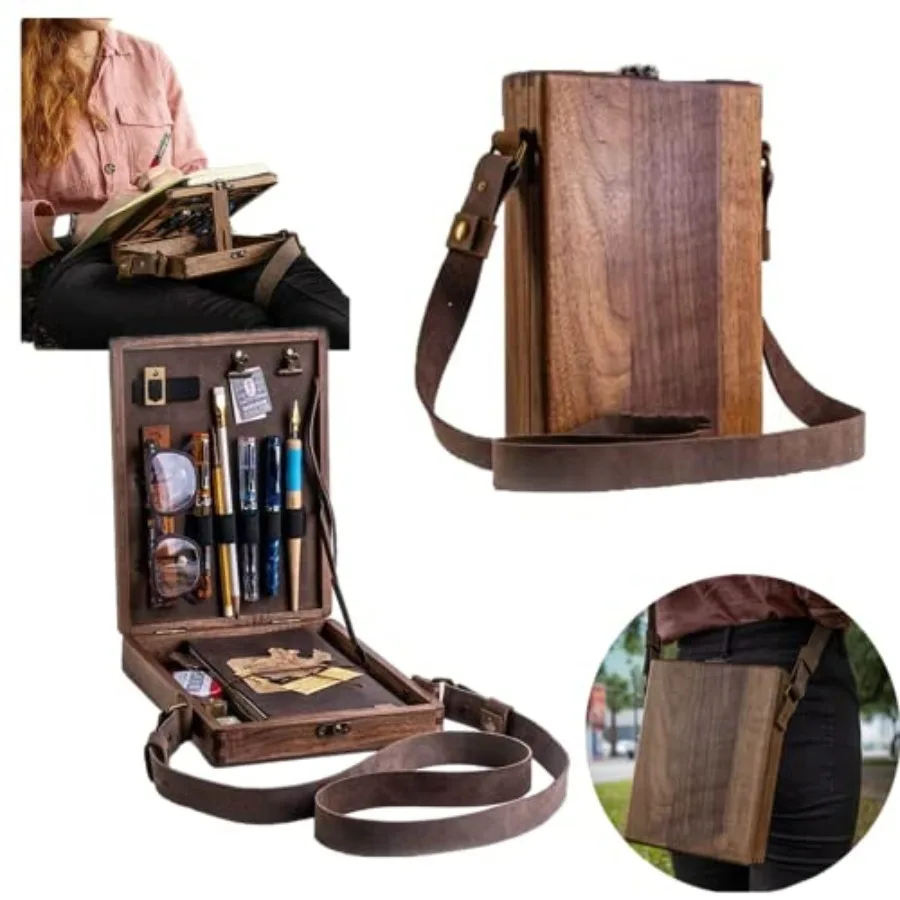 

Writers Messenger Wood Box Multifunctional Wooden Handmade Crossbody Postman Bag Portable Artist Tool Bag Painting Brush Tool S