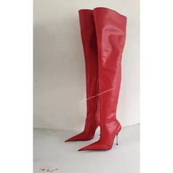 Red Over Knee High Real Leather Boots Pointed Toe Thin High Heel Cool Fashion Sexy Winter 2024 Woman Shoes Zapatillas Mujer