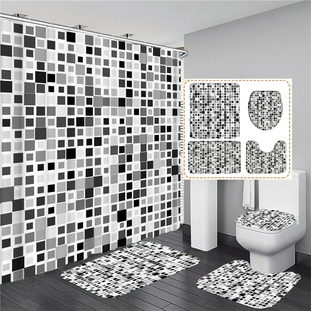 

Mosaic Shower Curtain Sets Grey and Black Abstract Geometric Bath Curtains Bathroom Decor Toilet Lid Cover Non-Slip Rugs Mats