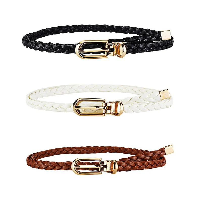 Leather Braided Thin Belt For Woman Dress Shirt Decorative Girdles Strap Fashion Pin Buckle Female Waistband Ladies Waist Rope