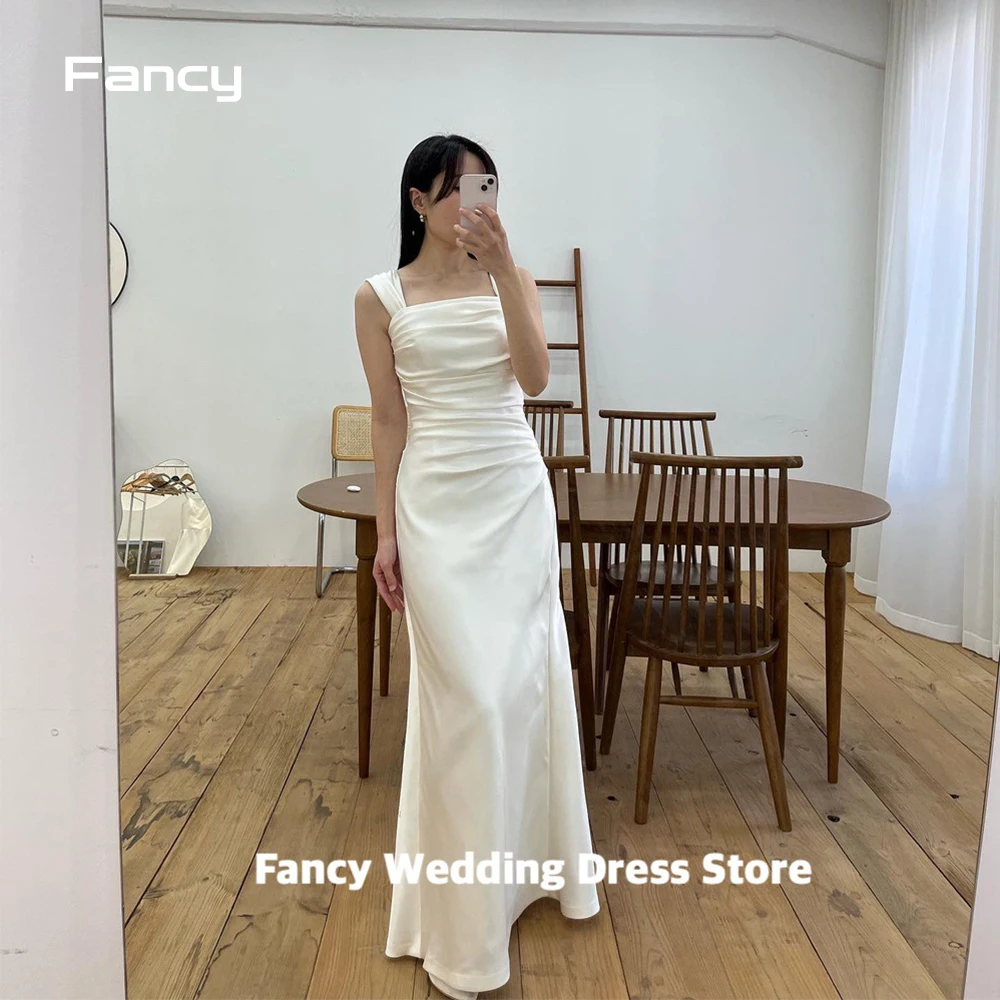 Fancy Elegant Sheath A Line Korea Wedding Dress Sleeveless Square Neck Bridal Gown Floor Length Satin 웨딩드레스 Custom Made