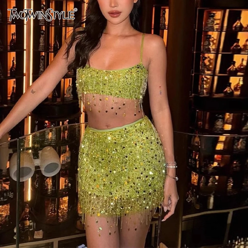 

TWOTWINSTYLE Solid Spliced Sequines Two Piece Set for Women Strapless Sleeveless Top High Waist Skirt Sets Female Fashion