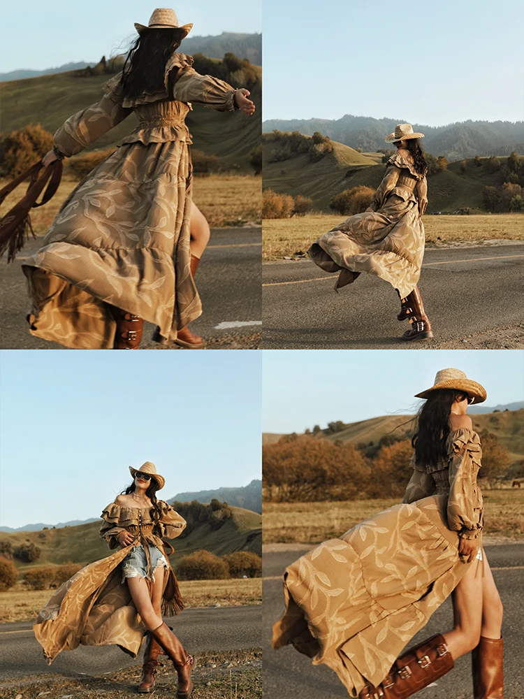 TIYIHAILEY robes longues lanterne manches femmes imprimé épaules nues vêtements mode 2025 robes Sexy dames Maxi pansement fente