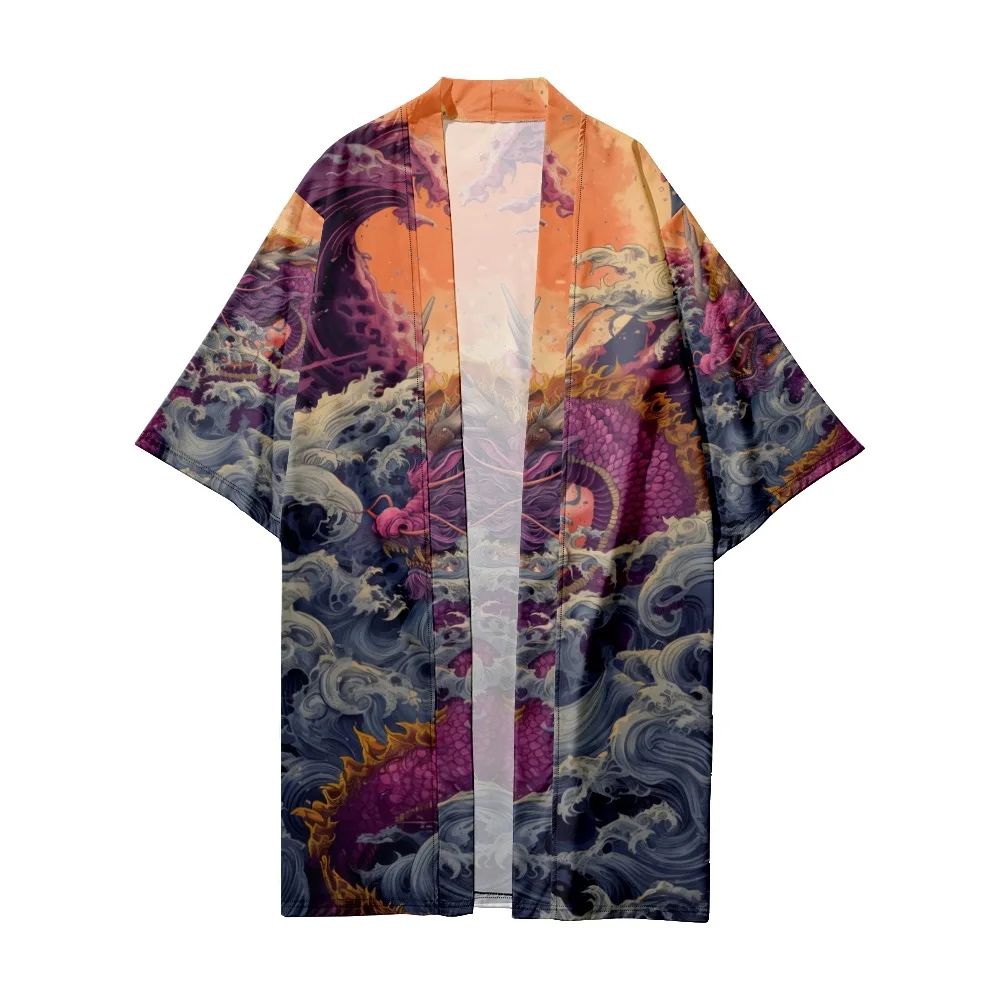หลวมญี่ปุ่นยาวเสื้อสเวตเตอร์ถักผู้หญิงผู้ชายคอสเพลย์ Yukata เสื้อผ้า Harajuku Wave Dragon พิมพ์กิโมโน