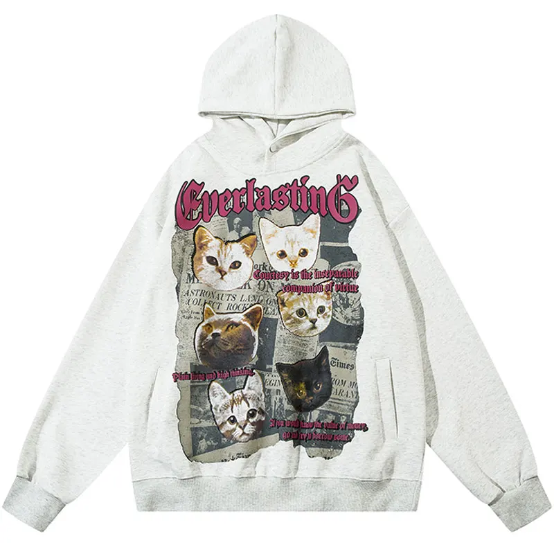 Vintage Hooded Sweatshirt Streetwear Cartoon Cat Graphic Printed Oversized Hoodies Hip Hop Harajuku Punk Gothic Baggy Pullover