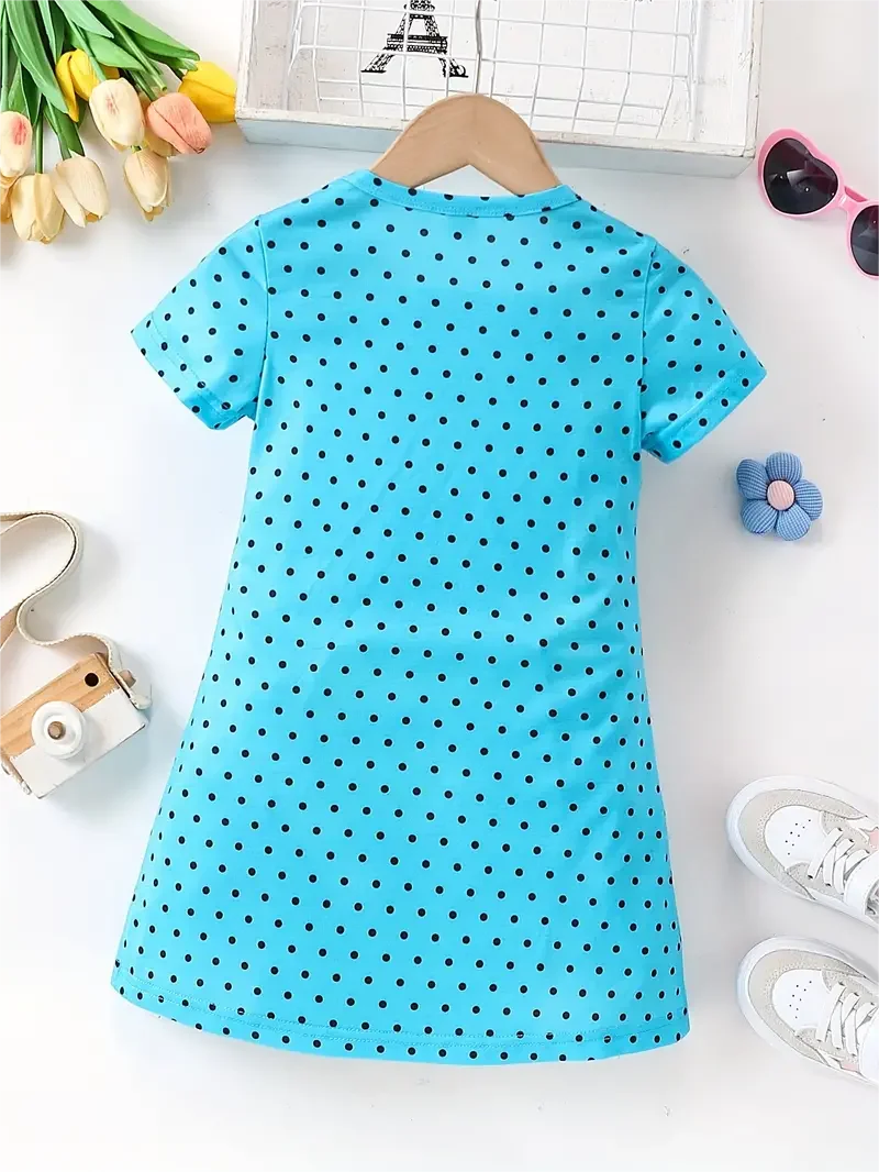 Girls cute casual short sleeve full print polka dot and cat print dress for spring and summer birthday parties