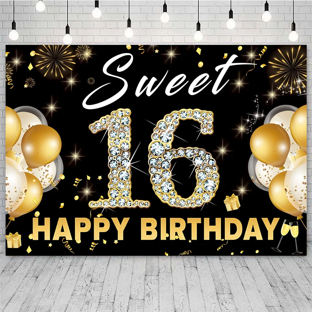 Black Gold 16th Backdrop Balloons Boys Girls 16 Years Old Birthday Party Customized Photo Background Cake Table Decor Banner