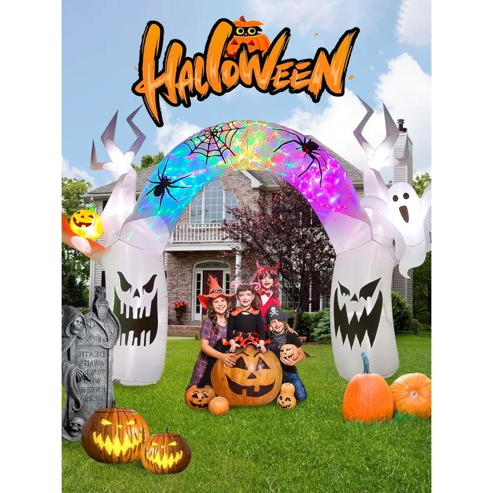 17FT Halloween Inflatable Decoration Colorful Pumpkin Ghost Decorations with Build-in LEDs