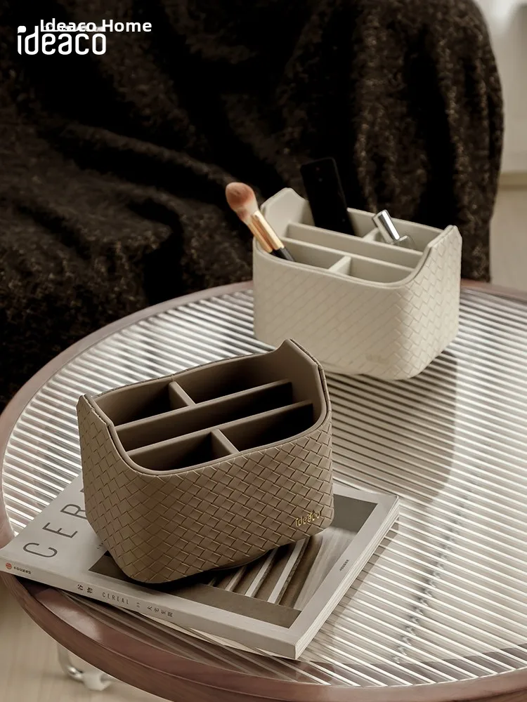 

Woven BV Leather Rotating Tray Desktop Organizer for Living Room Office Remote Control Storage Box Fly Organizer