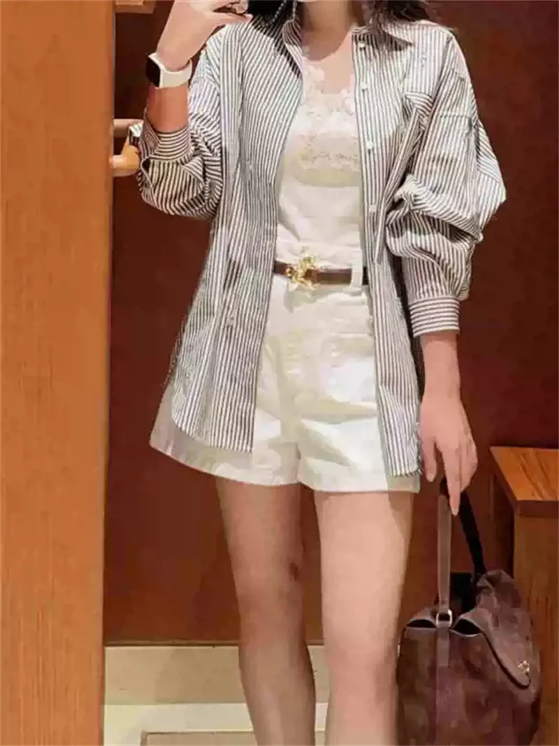 Diamond Decoration Women Turn-Down Collar Straight Shirt Front Short and Back Long Design Lady Long Sleeve Tops