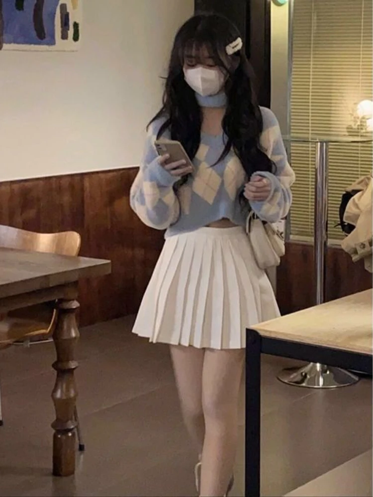 Cropped Pullovers Women Argyle Sweater Tender Design Sweet Retro Fresh Loose Kawaii Ulzzang Female College Cozy Young BF