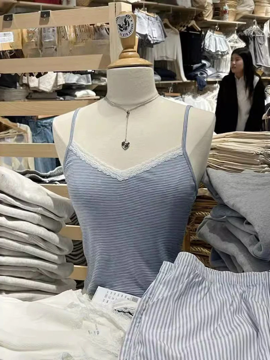 Blue Striped Lace Trim Tank Tops Women New Sexy V-neck Cotton Sleeveless Slim Crop Top Summer Camisoles Vintage Sweet Vests Y2k