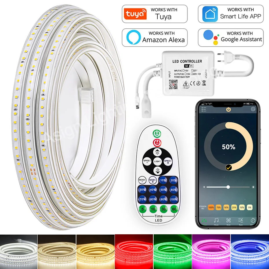 

220V LED Strip Light 2835 120LEDs/m Dimmable Flexible Outdoor Waterproof LED Tape Smart Life APP Bluetooth Alexa Voice Control