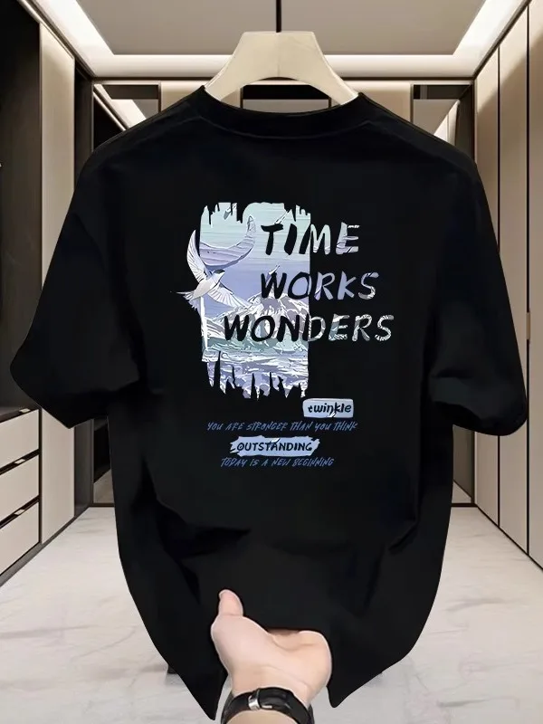 

Loose Fit Pure Cotton round Ne ort Sve T-irt Large Size 300 Pou Printed Casual Summer Versatile Men's T-irt