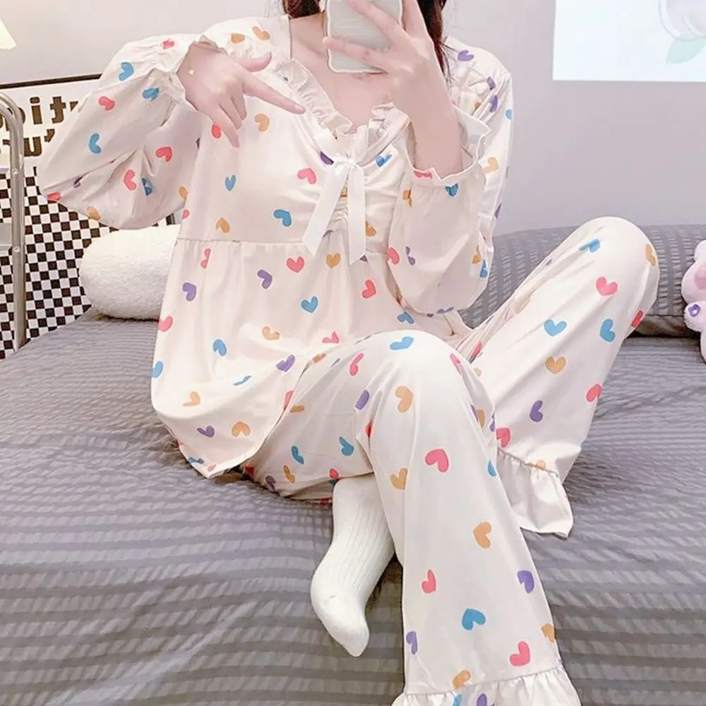 Plus Size 5XL 150KG Women Autumn Sleepwear Set V Neck Long Sleeve Tops and Pants Pajamas Sets For Women Big Size Home Wear