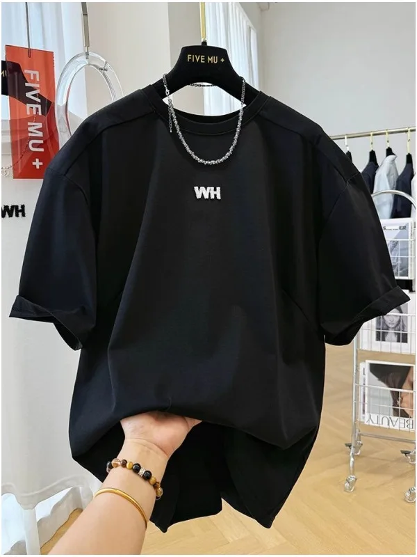 

Мужская летняя свободная повседневная универсальная футболка из чистого хлопка с американским принтом, размеры 300+ Pou, тяжелая, простая модель