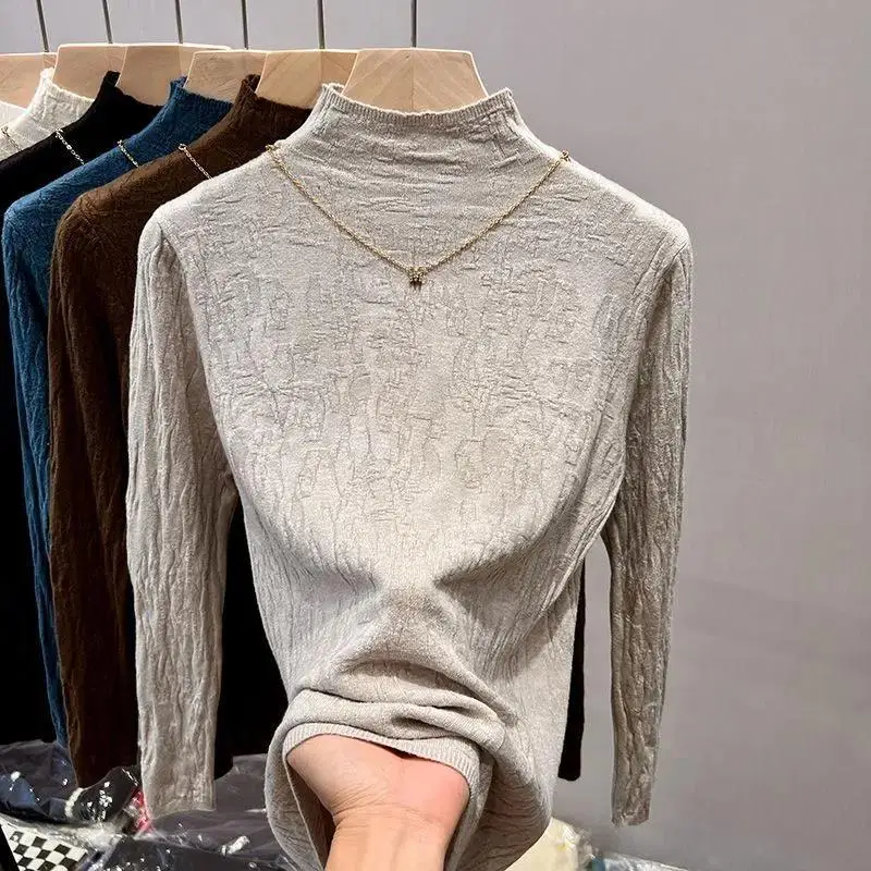 Fashion Women Slim Bottoming Warm Sweater Autumn Winter Half High Collar Korean Versatile Casual Long Sleeve Knit Pullovers Tops