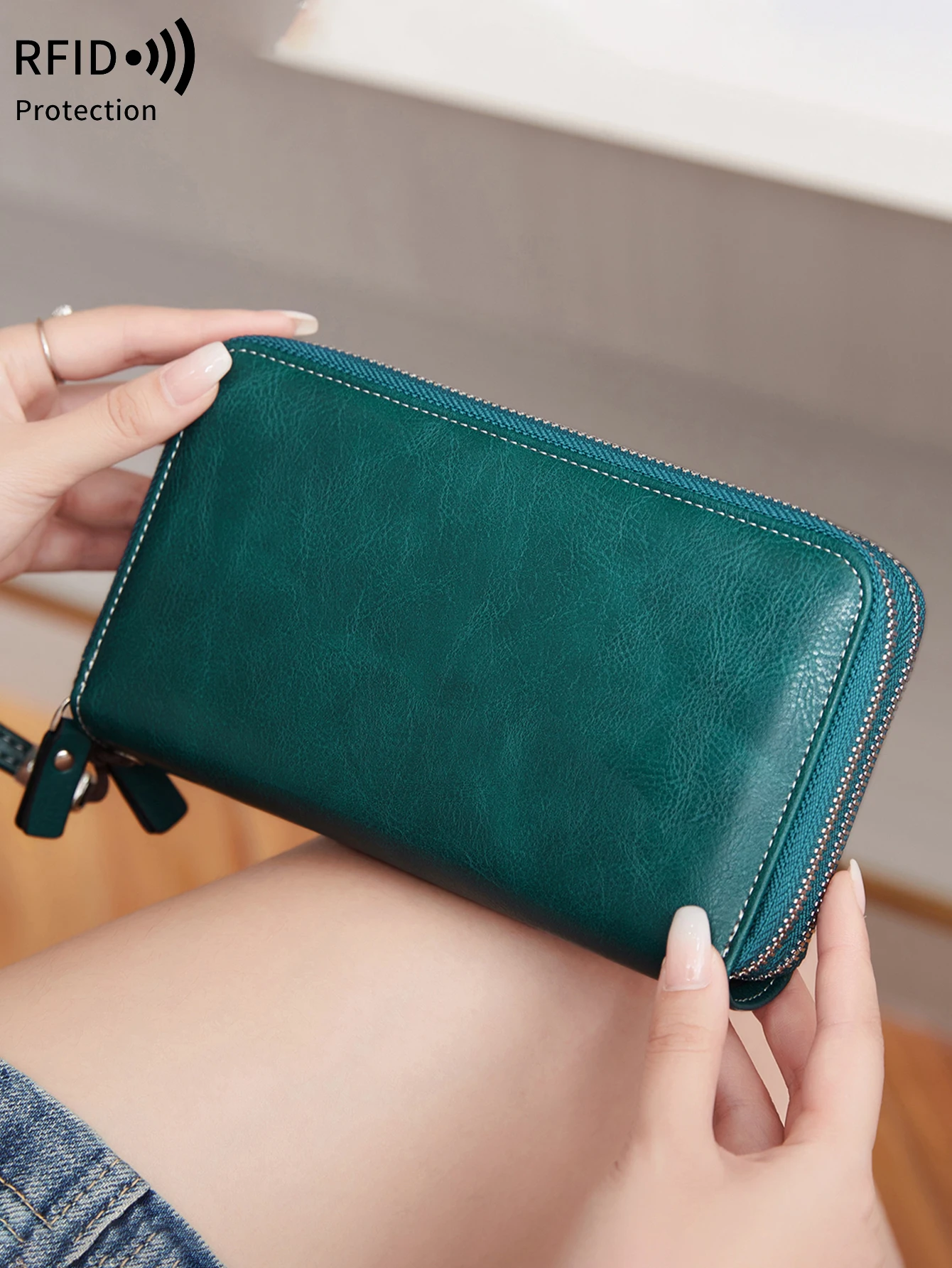 محفظة نسائية طويلة عصرية مضادة للسرقة RFID مع سحابات مزدوجة وحقيبة بطاقات ائتمان متعددة الوظائف وحقيبة يد للعملات المعدنية وحقيبة يد للتغيير