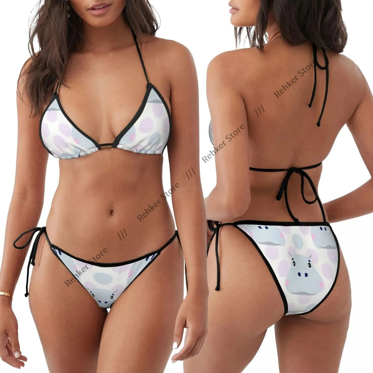 

Sexy Thong Bikini Mujer Swimwear Women Hippopotamus Face Illustration Summer Beachwear